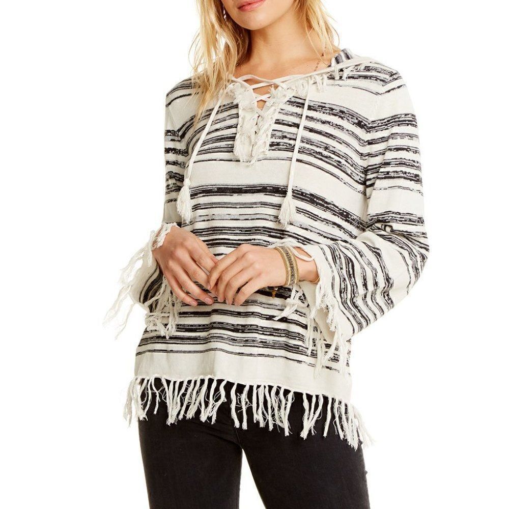 Chaser LINEN SWEATER FRINGE TRIM LACE UP